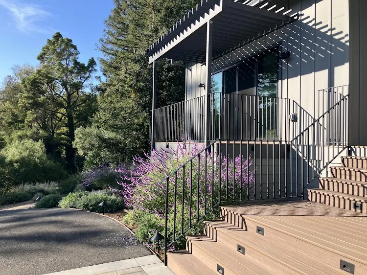 Small residential yard with path, planting, and finished landscape details